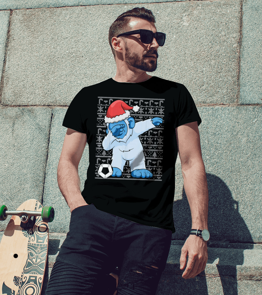 Dabbing Abominable Snowman Santa With Soccer Ball Holiday Ugly T-Shirt