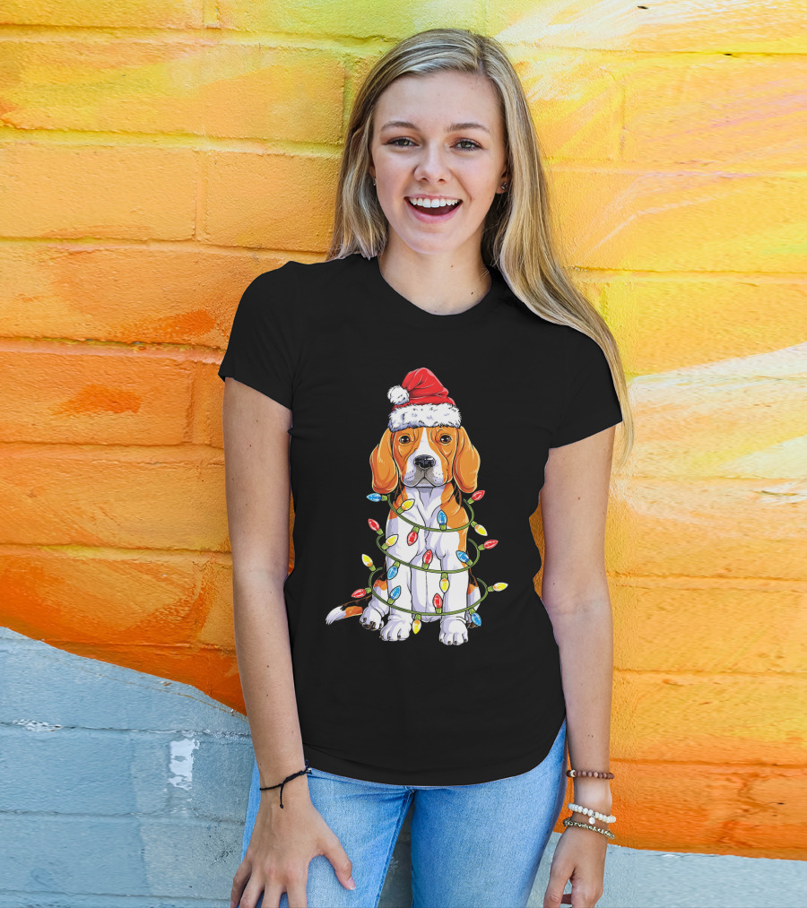Beagle Wrapped In Christmas Lights With Santa Hat T-Shirt