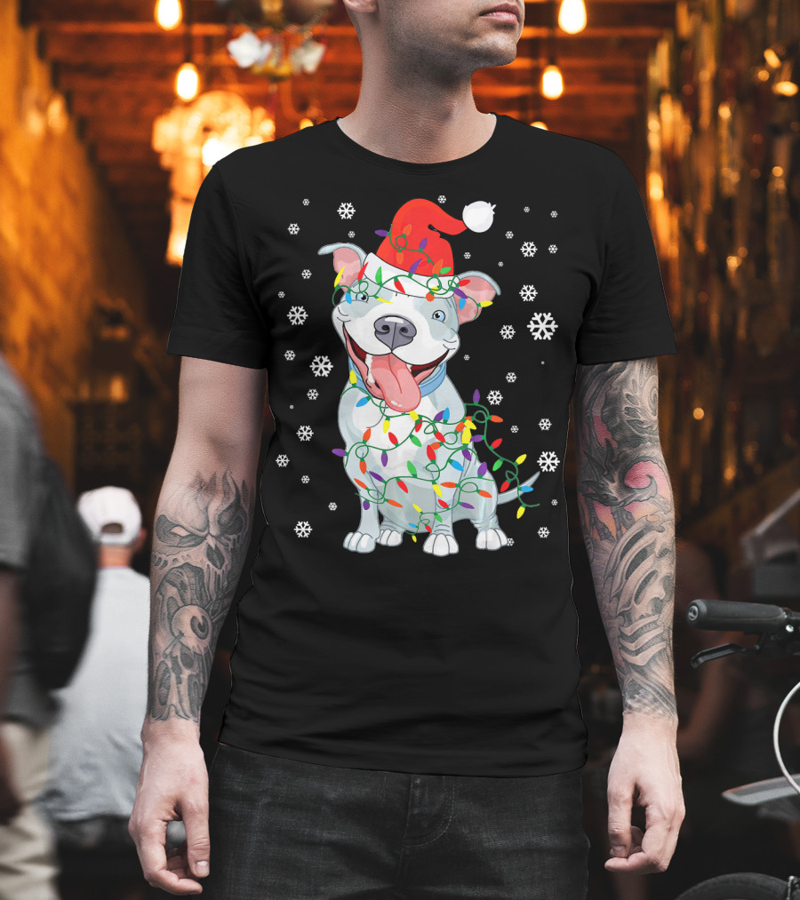 Pitbull Wrapped in Christmas Lights with Santa Hat and Snowflakes T-Shirt