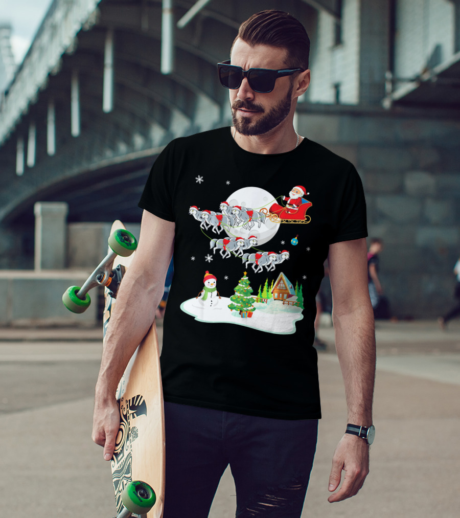 Santa Claus Sleigh Riding Over Snowman And Christmas Scene With Wolves T-Shirt