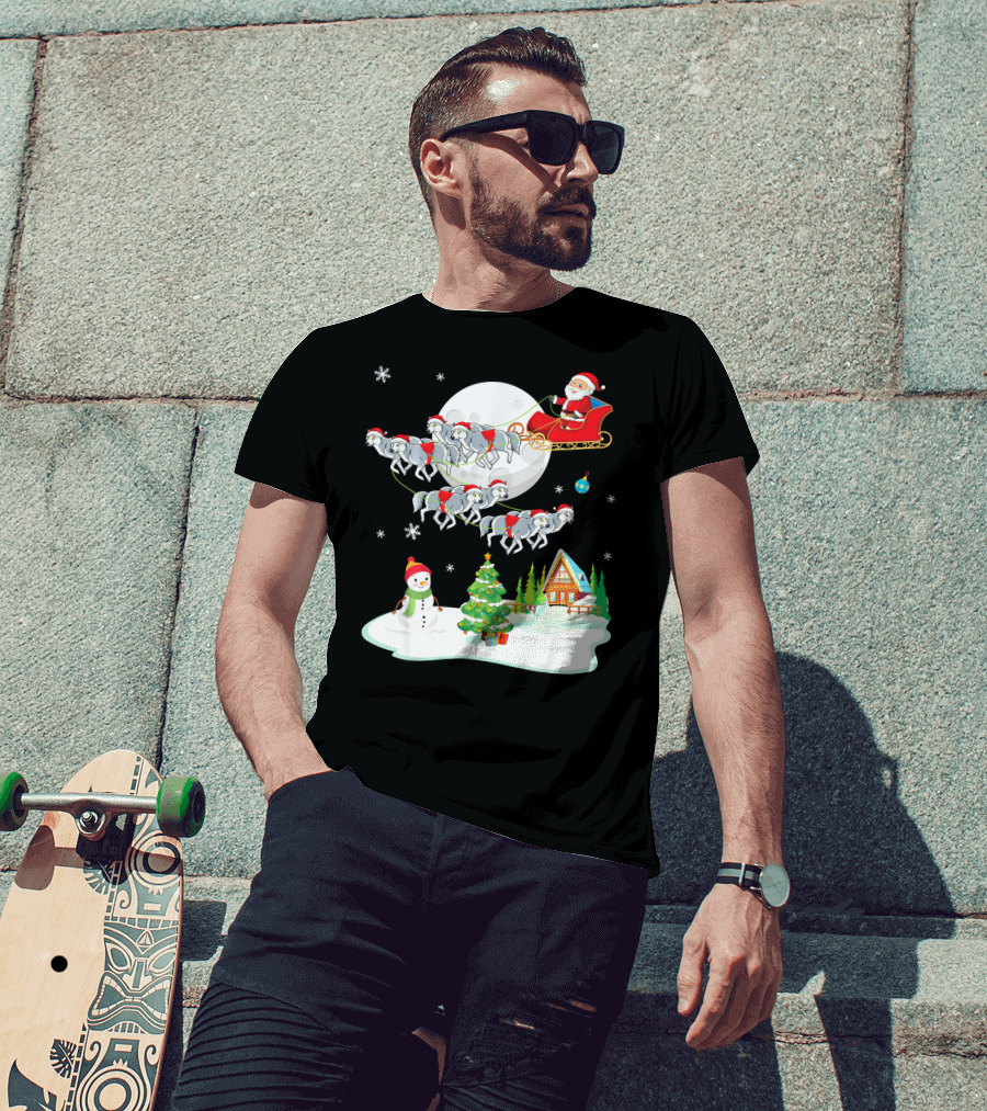 Santa Claus Sleigh Riding Over Snowman And Christmas Scene With Wolves T-Shirt