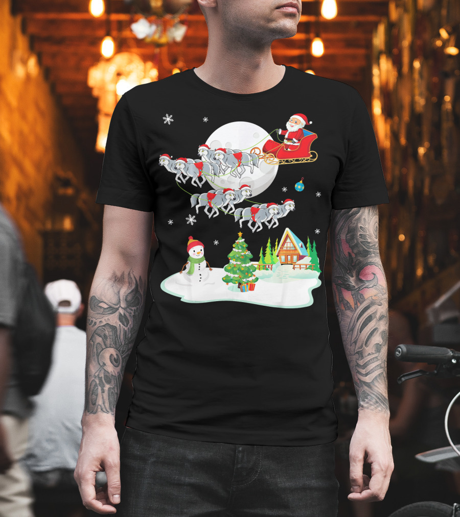 Santa Claus Sleigh Riding Over Snowman And Christmas Scene With Wolves T-Shirt