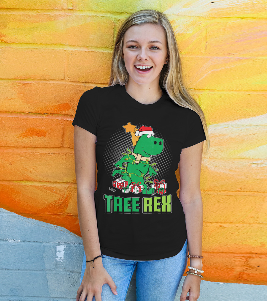 Tree Rex Funny Cute Christmas Dinosaur With Santa Hat And Gifts T-Shirt