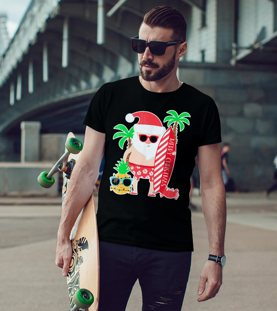 Merry Christmas Santa Surfing Hawaiian Pineapple Palm Trees T-Shirt