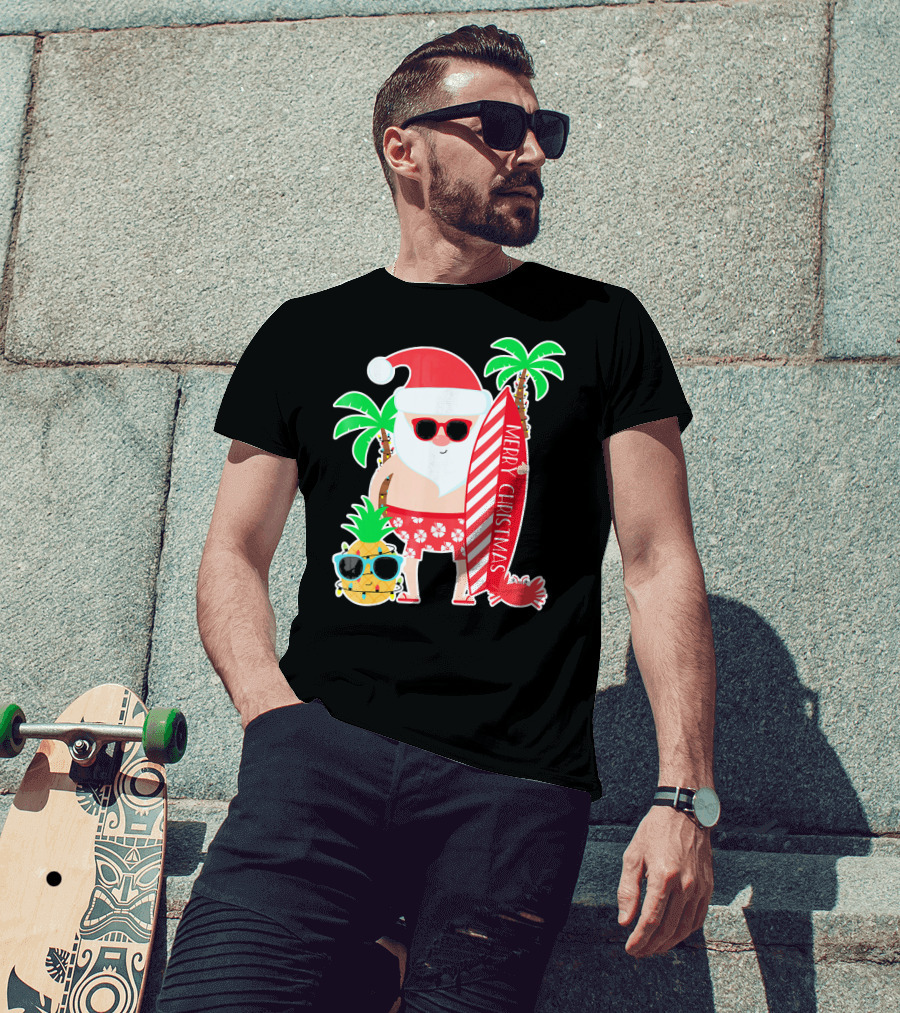 Merry Christmas Santa Surfing Hawaiian Pineapple Palm Trees T-Shirt
