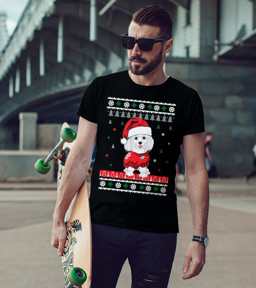 Cute Dog Standard Poodle Santa Hat Christmas Sweater Trees Snowflakes T-Shirt