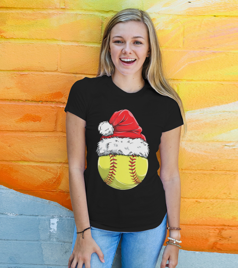 Santa Hat Softball Christmas T-Shirt