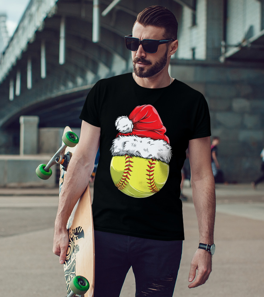 Santa Hat Softball Christmas T-Shirt