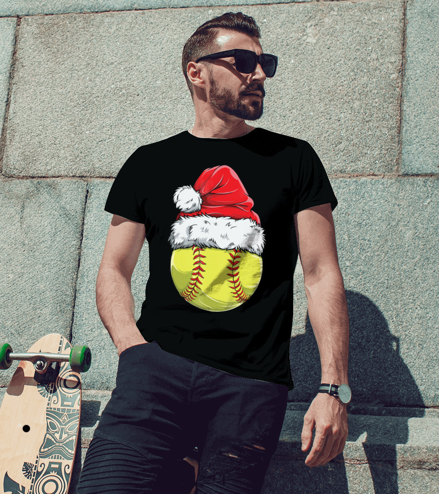 Santa Hat Softball Christmas T-Shirt