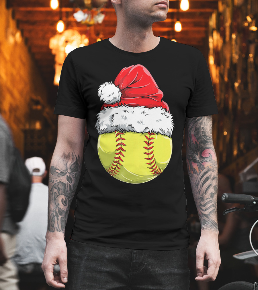 Santa Hat Softball Christmas T-Shirt
