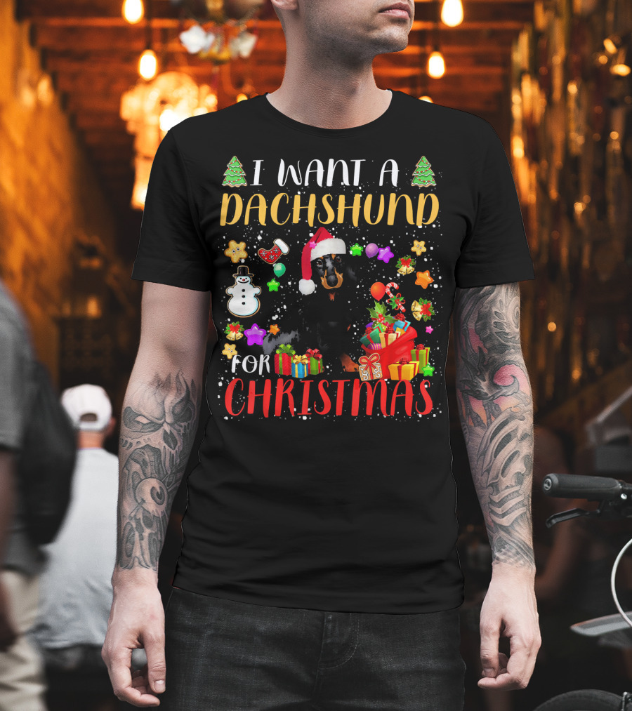 I Want A Dachshund For Christmas Santa Hat Presents Snowman T-Shirt