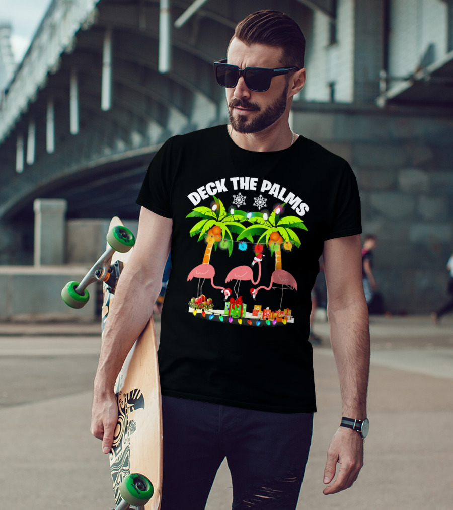 Deck The Palms Flamingo Christmas Lights And Gifts T-Shirt