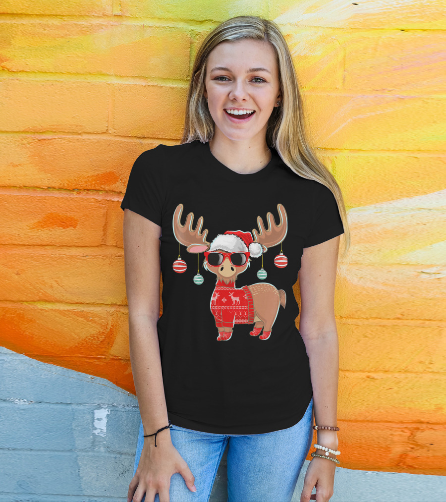 Ugly Christmas Moose Chris With Sweater And Ornaments T-Shirt