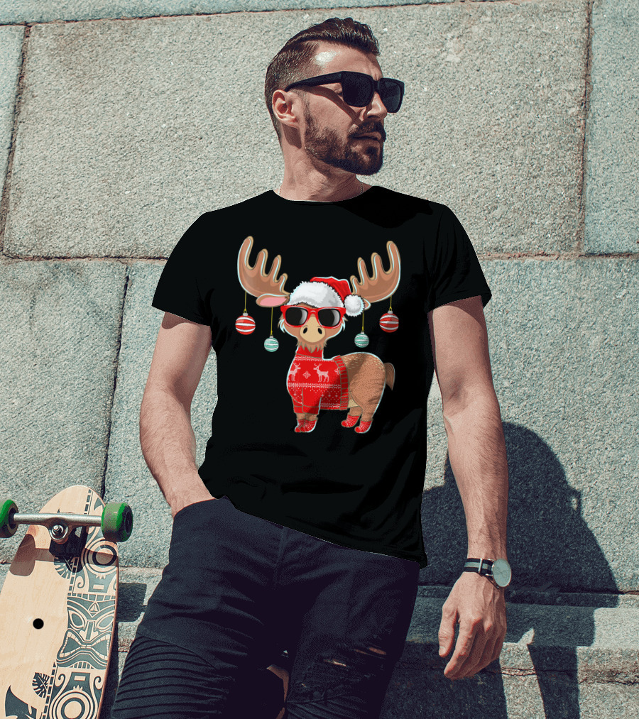 Ugly Christmas Moose Chris With Sweater And Ornaments T-Shirt