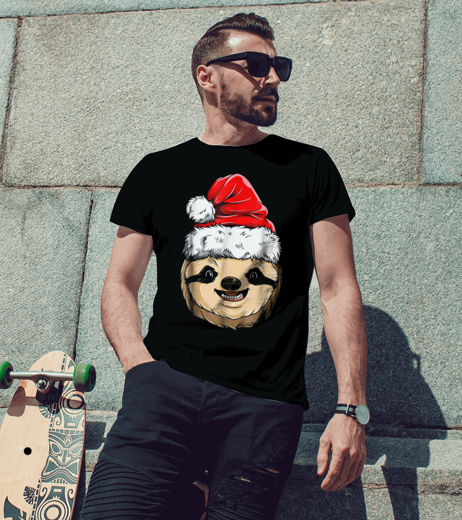 Sloth Santa Christmas Hat Cheerful Face T-Shirt