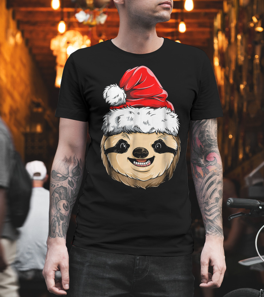 Sloth Santa Christmas Hat Cheerful Face T-Shirt