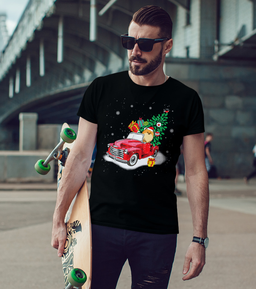 Pomeranian With Christmas Tree And Gifts In Red Truck Snow Scene T-Shirt