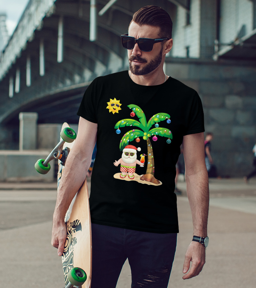 July Christmas Palm Tree Santa With Sunglasses And Cocktail T-Shirt