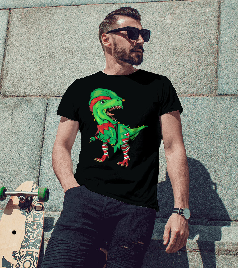 Christmas Dinosaur In Elf Costume T-Shirt