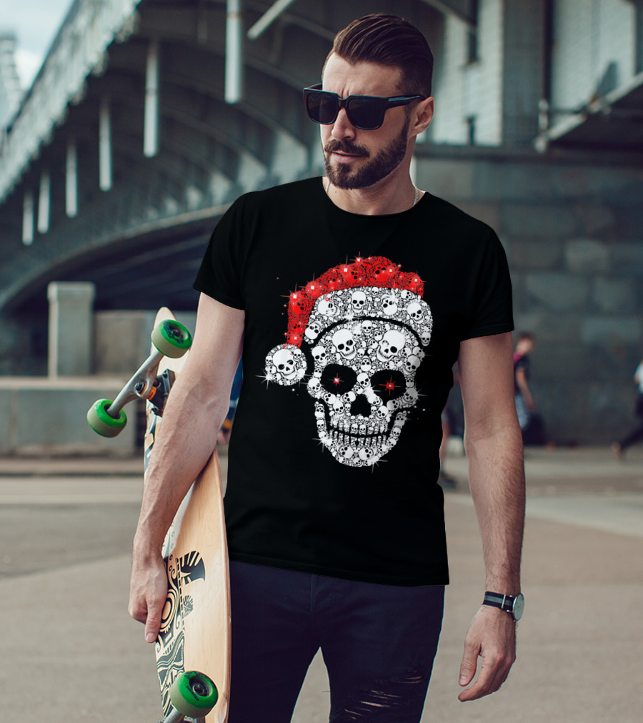 Shiny Skull Rhinestone Santa Hat Christmas Skulls T-Shirt