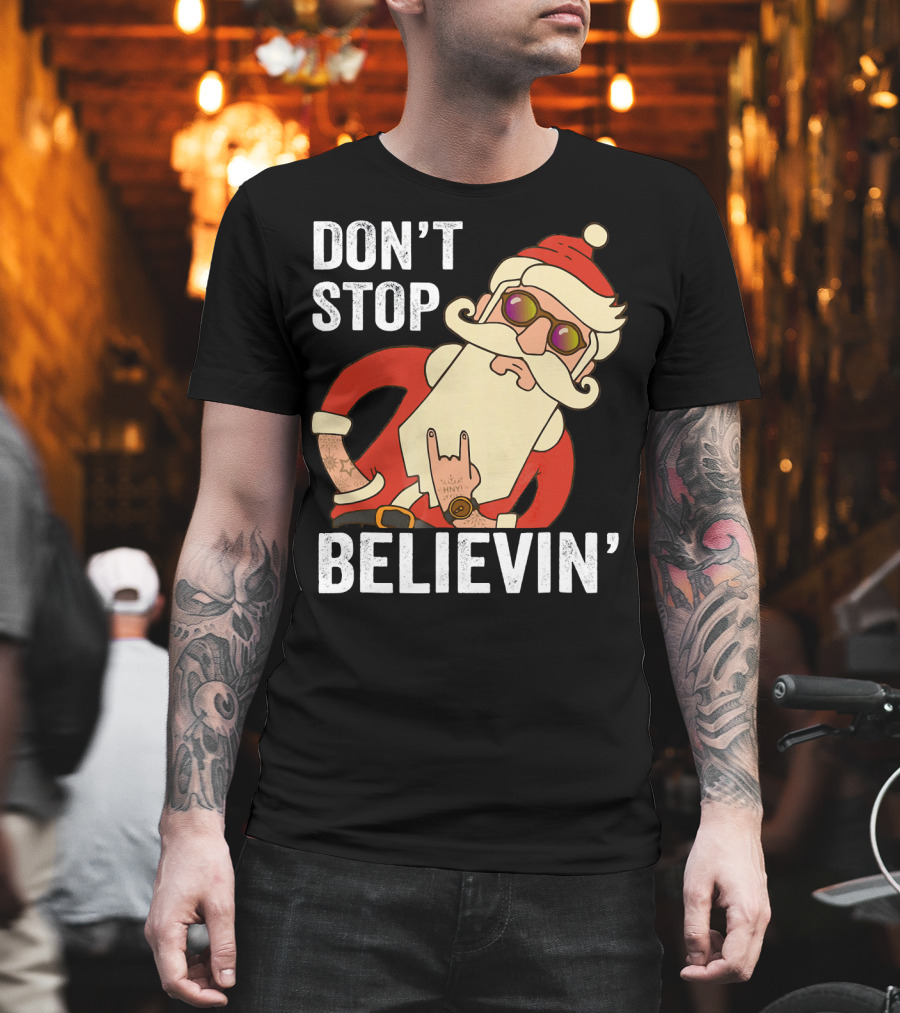 Don't Stop Believin' Santa Rock Hand Gesture T-Shirt