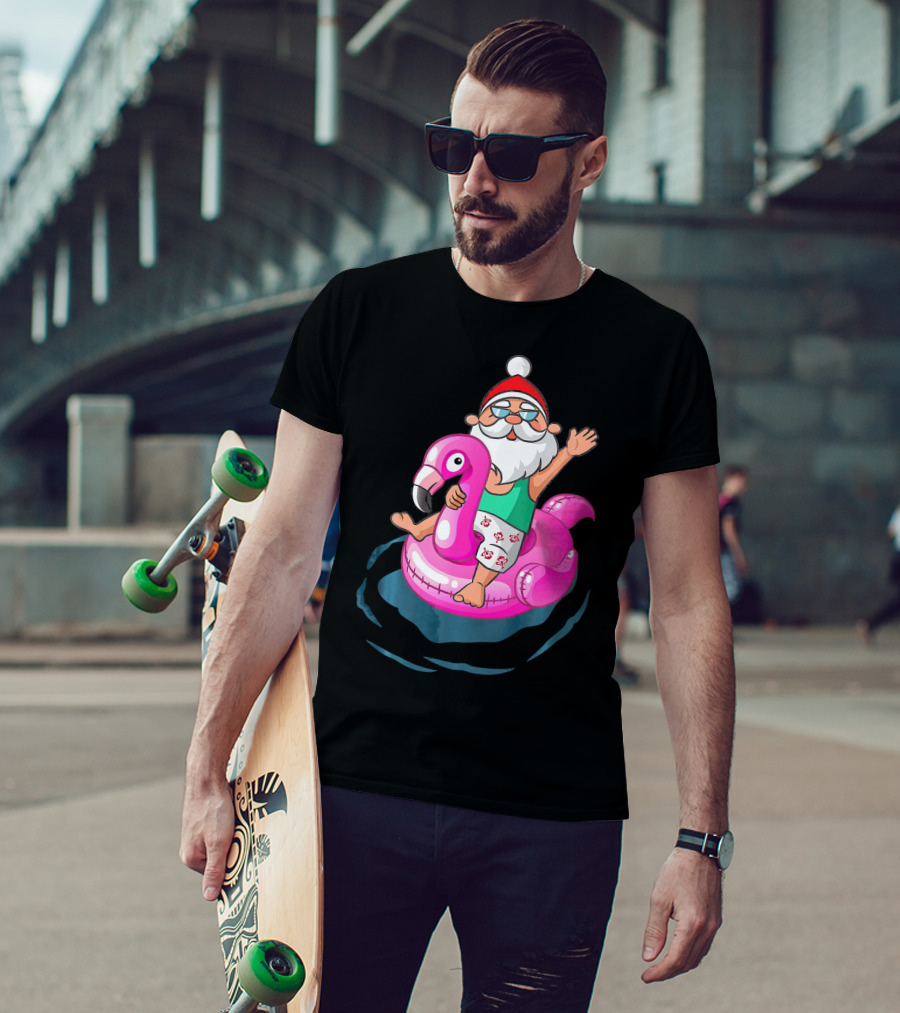 Christmas In July Santa Riding Flamingo Float In Hawaiian Shorts T-Shirt