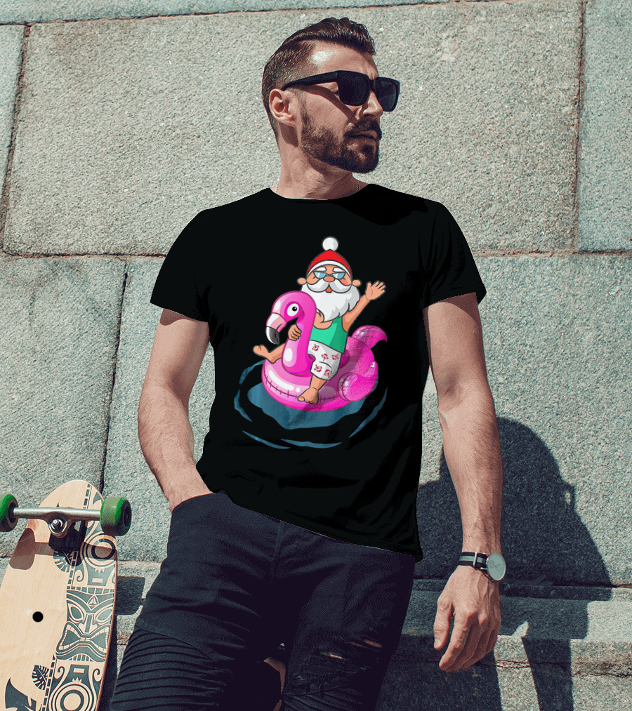 Christmas In July Santa Riding Flamingo Float In Hawaiian Shorts T-Shirt