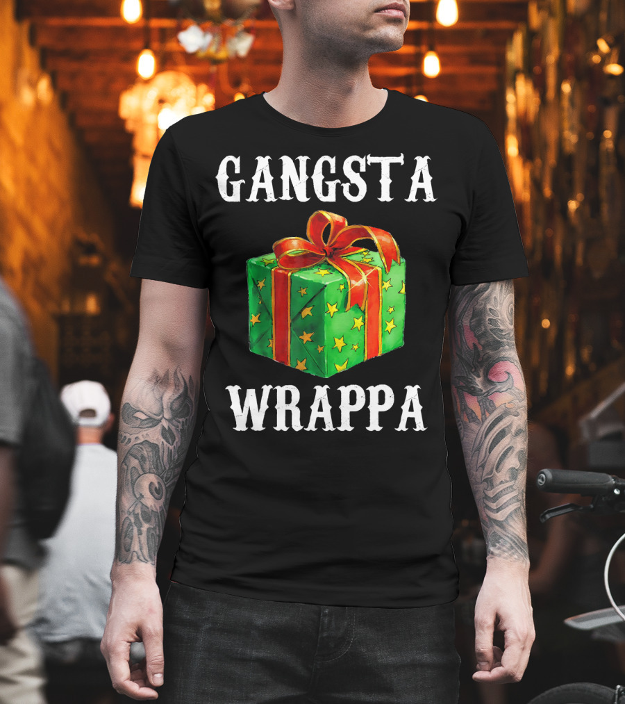 Gangsta Wrappa Green Gift Box with Red Ribbon and Yellow Stars Holiday T-Shirt