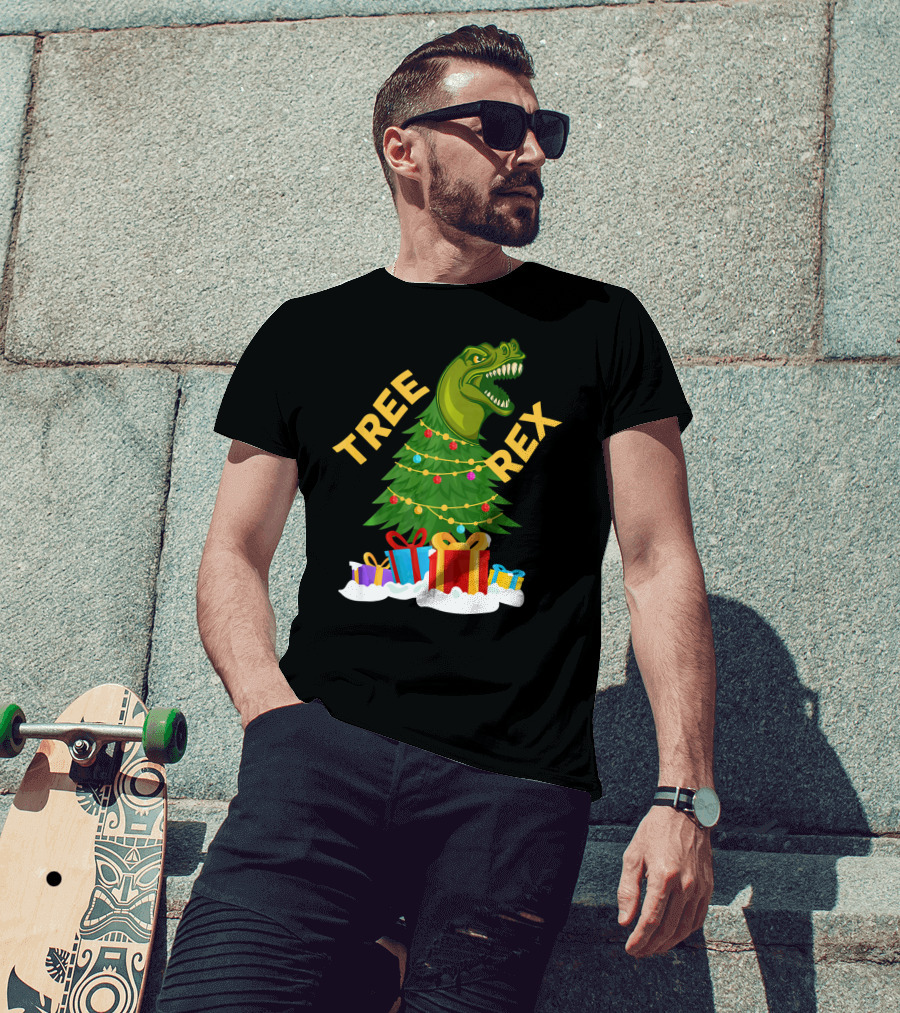 Tree Rex Christmas Dinosaur With Presents And Decorations T-Shirt