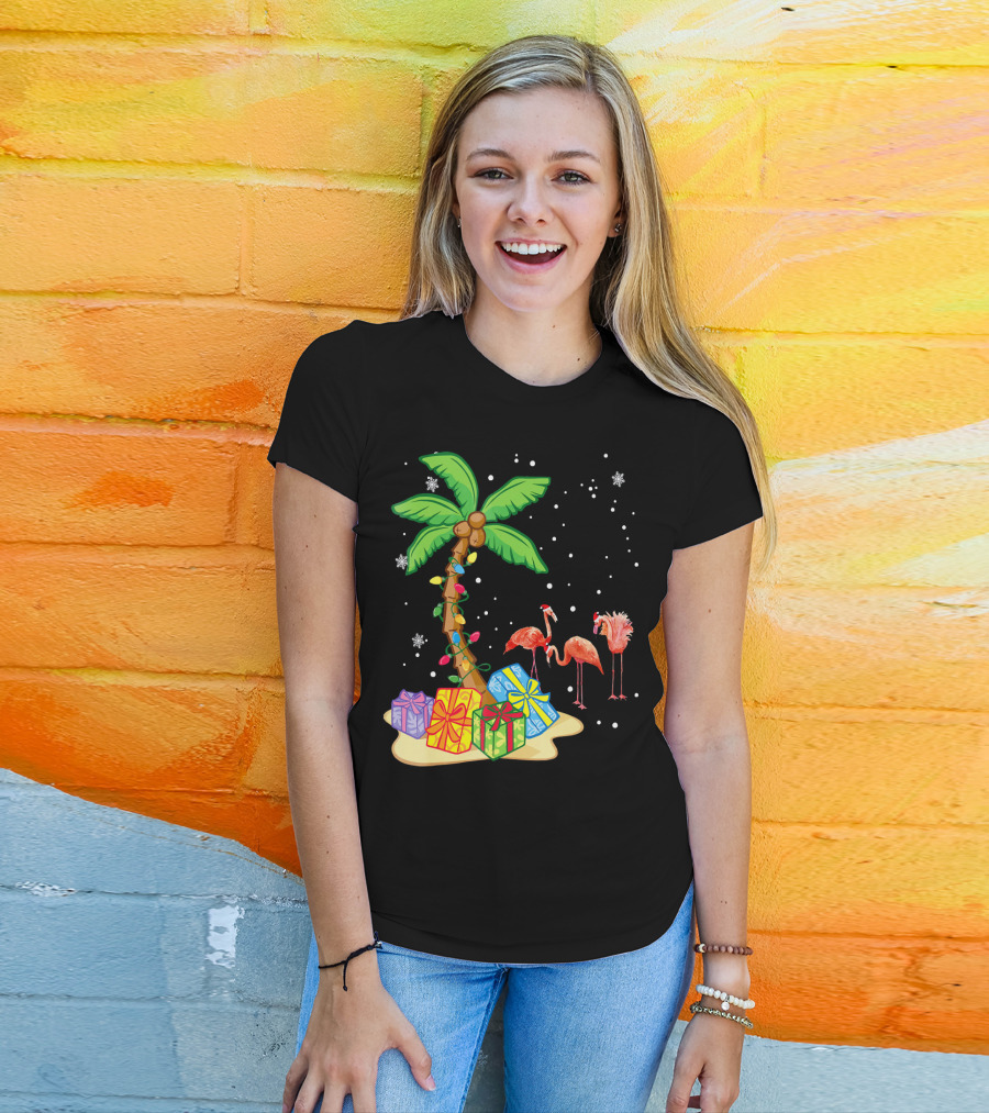 Flamingo Christmas Palm Tree Snow Presents T-Shirt