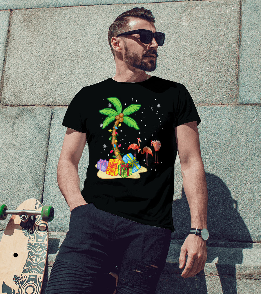 Flamingo Christmas Palm Tree Snow Presents T-Shirt