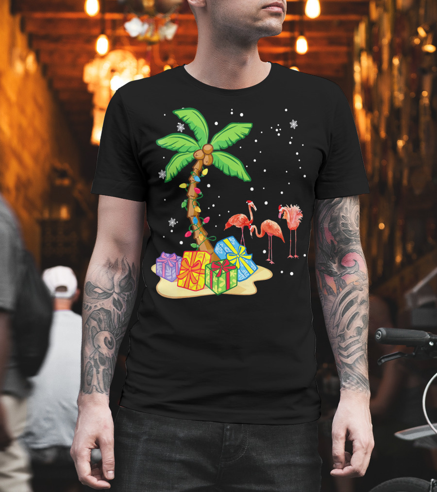 Flamingo Christmas Palm Tree Snow Presents T-Shirt