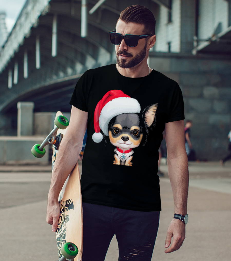 Festive Black And Tan Long Haired Chihuahua Santa Hat T-Shirt