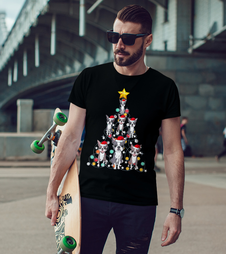 Santa Boston Terrier Christmas Tree Star Puppies T-Shirt