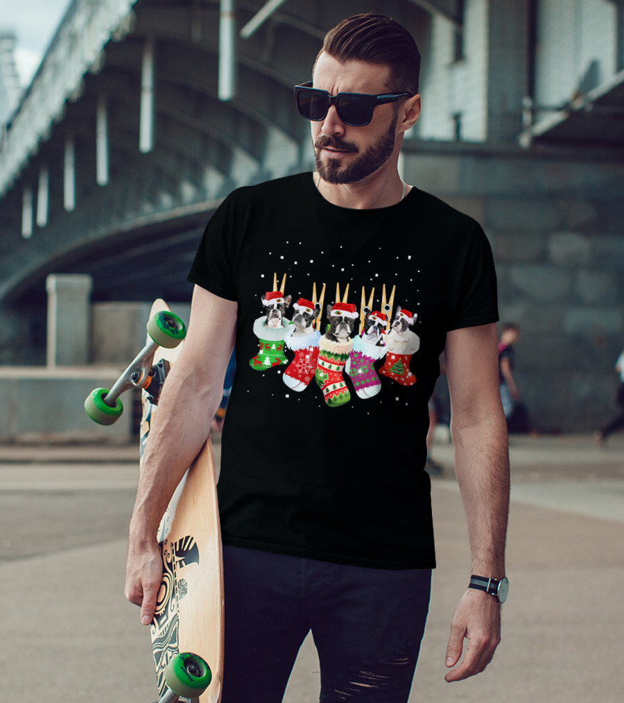 Christmas Boston Terrier Santa Hat Stockings T-Shirt