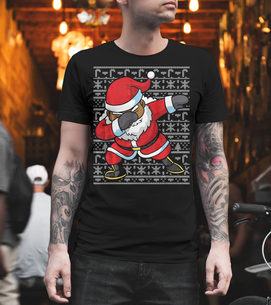 Dabbing Black Santa Ugly Christmas T-Shirt