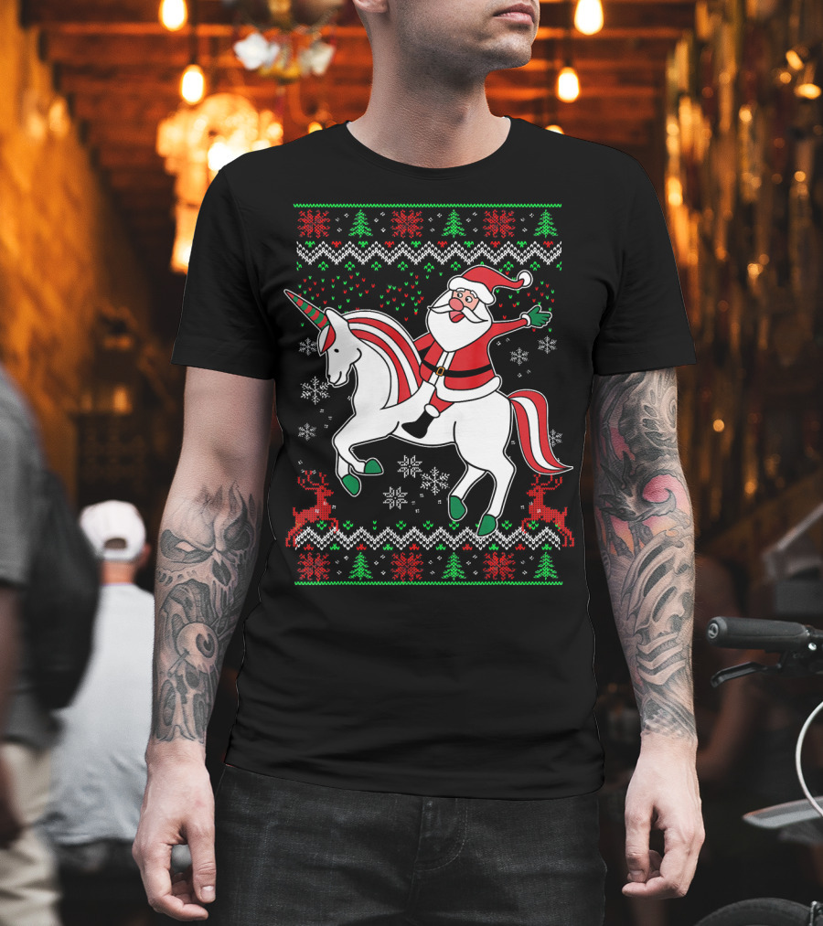 Santa Claus Riding Unicorn Christmas Sweater Pattern Holiday Magic T-Shirt