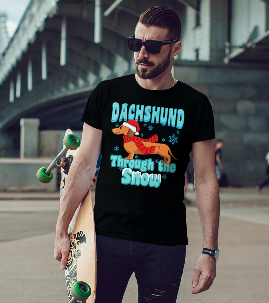 Dachshund Through The Snow Scarf And Santa Hat T-Shirt