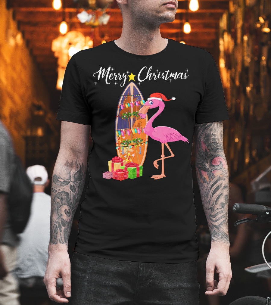 Merry Christmas Flamingo Surfboard Santa Hat Gifts T-Shirt