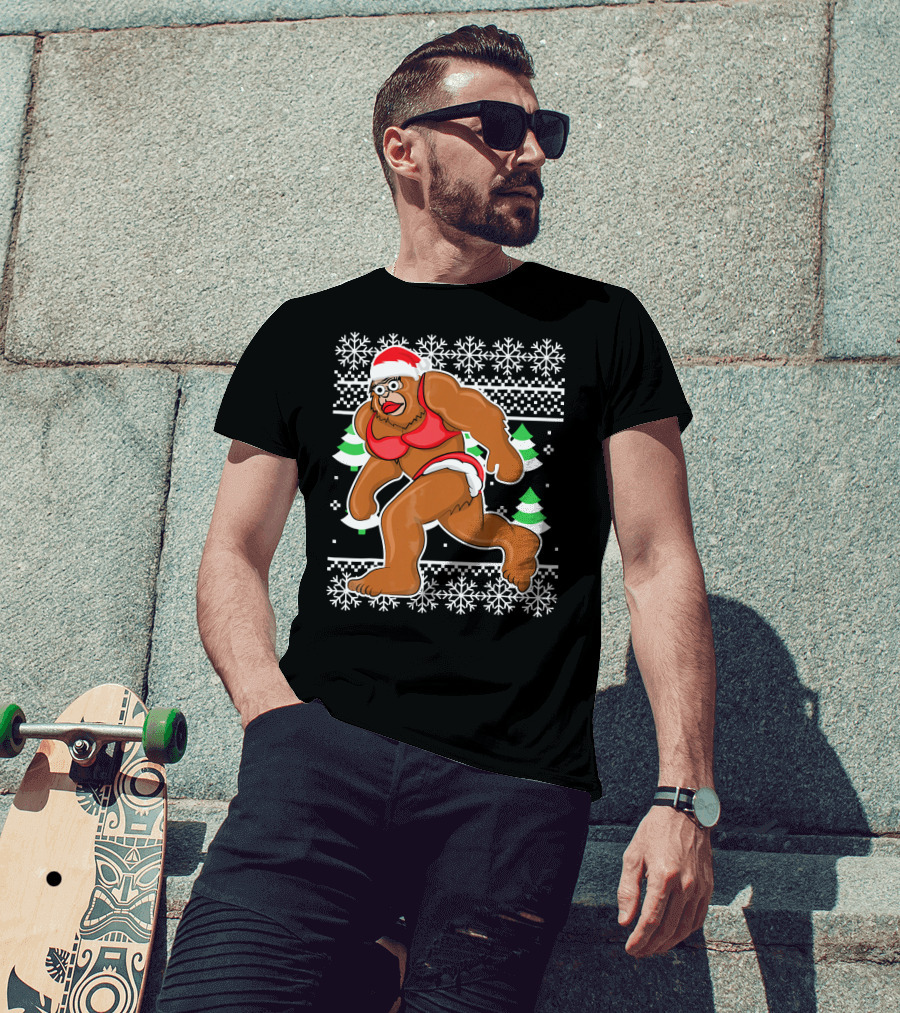 Bigfoot Bikini Ugly Christmas Sweater Santa Hat Snowflakes Holiday Party T-Shirt