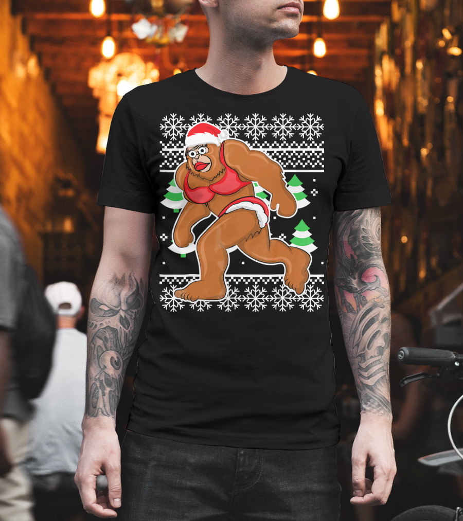 Bigfoot Bikini Ugly Christmas Sweater Santa Hat Snowflakes Holiday Party T-Shirt