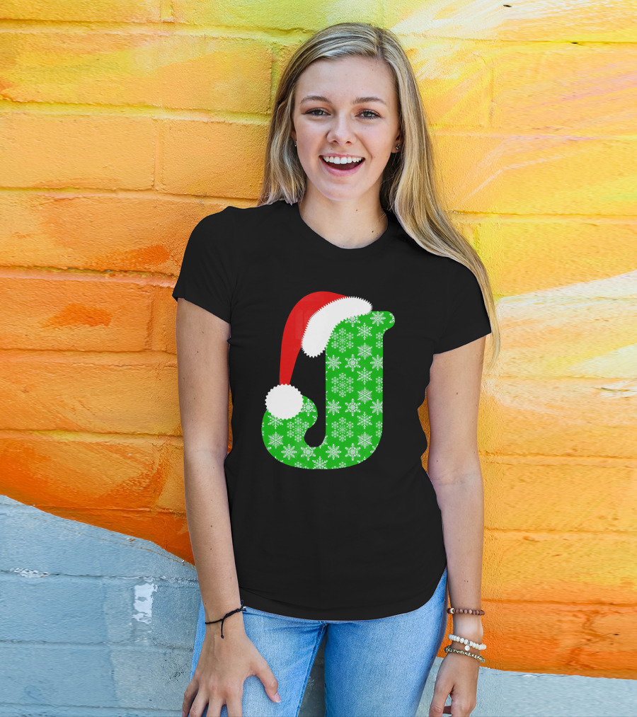 Santa Hat Green Snowflake Monogram Letter J Christmas T-Shirt