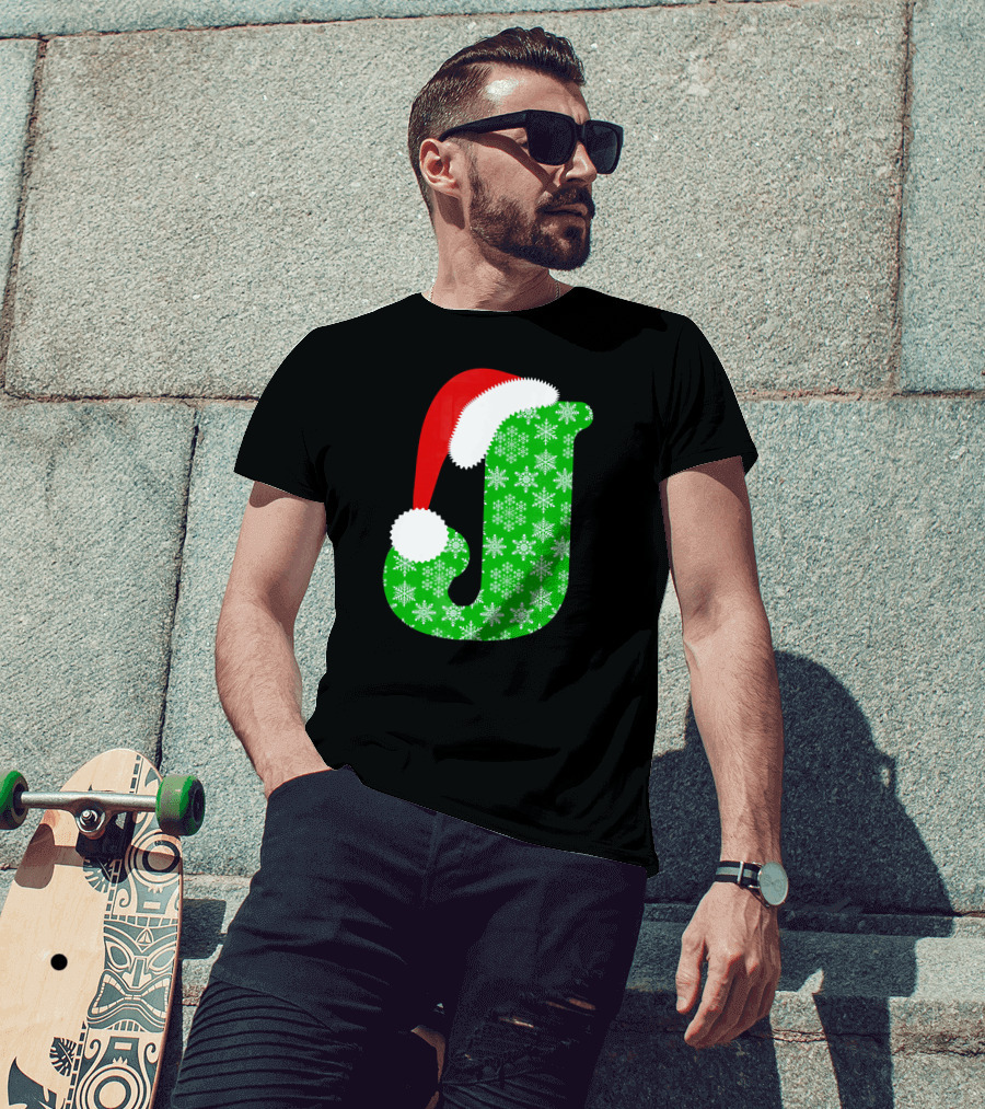 Santa Hat Green Snowflake Monogram Letter J Christmas T-Shirt