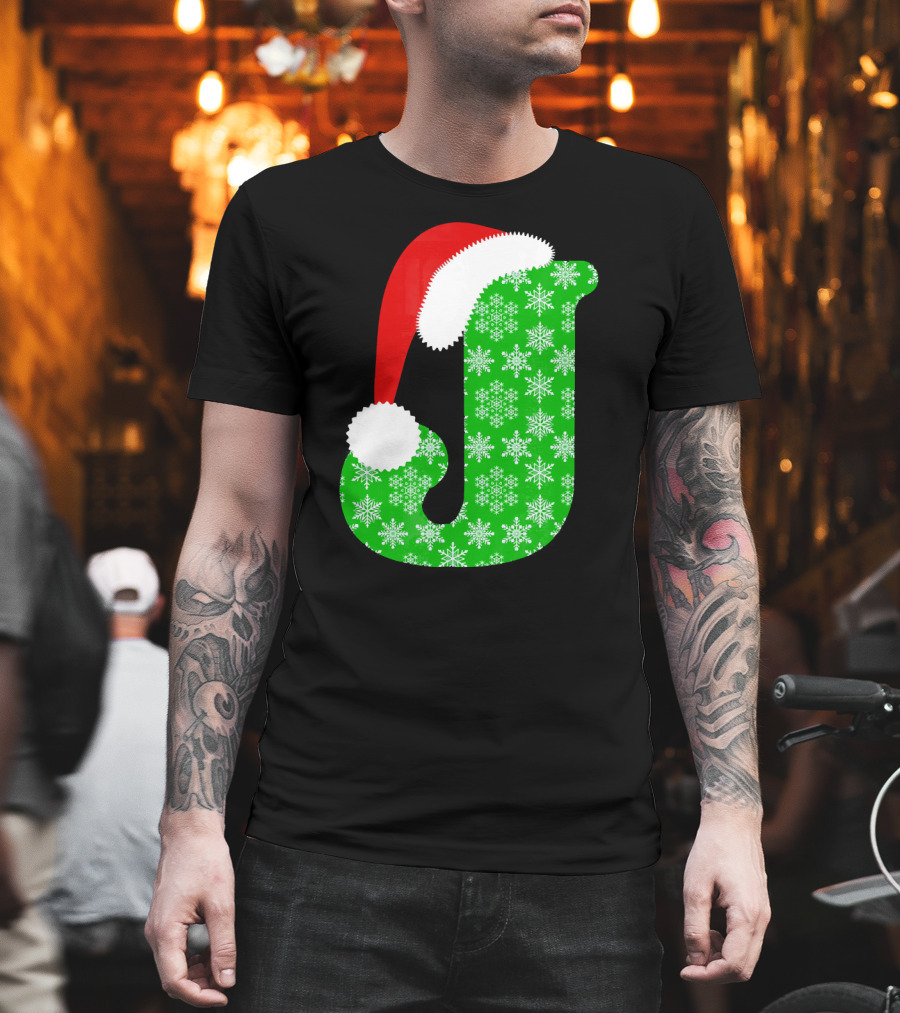 Santa Hat Green Snowflake Monogram Letter J Christmas T-Shirt