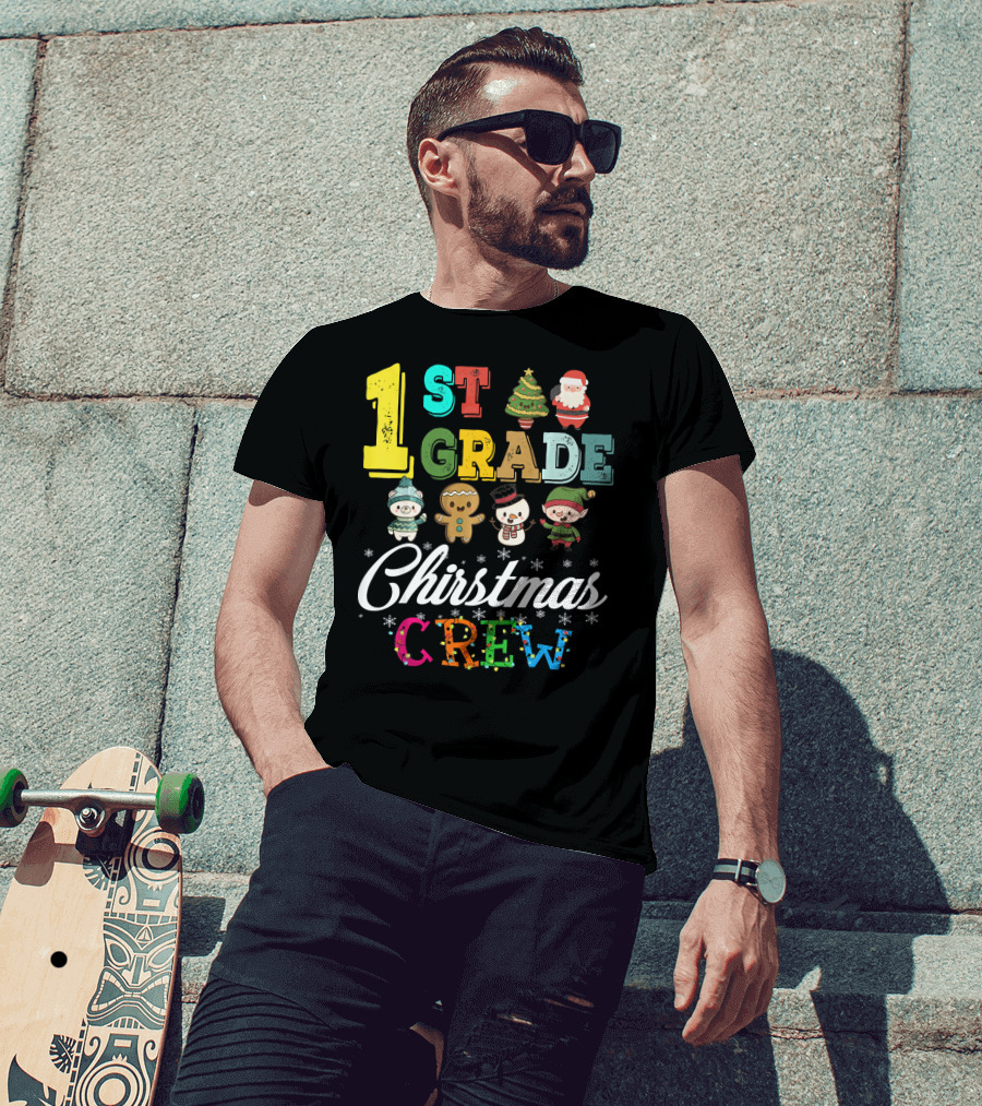 1st Grade Christmas Crew Santa Tree Gingerbread Snowman Elf T-Shirt