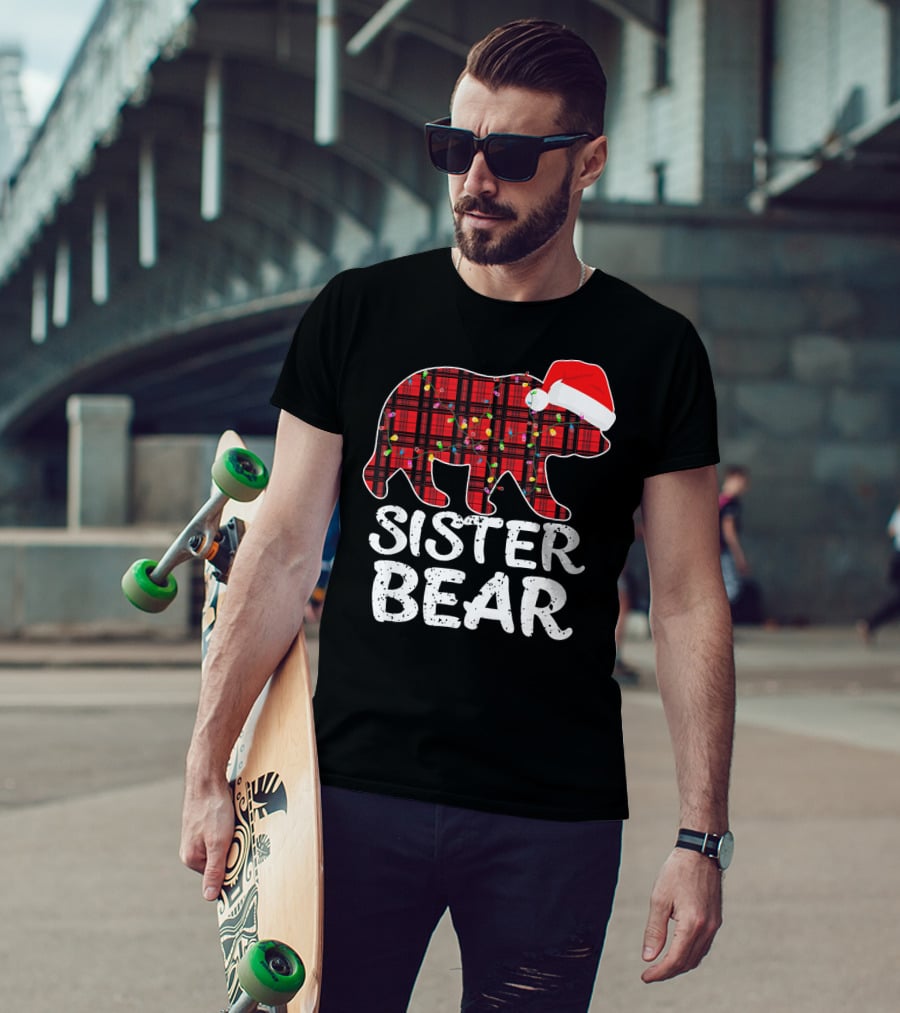 Sister Bear Red Plaid Christmas Paj With Santa Hat And Lights T-Shirt