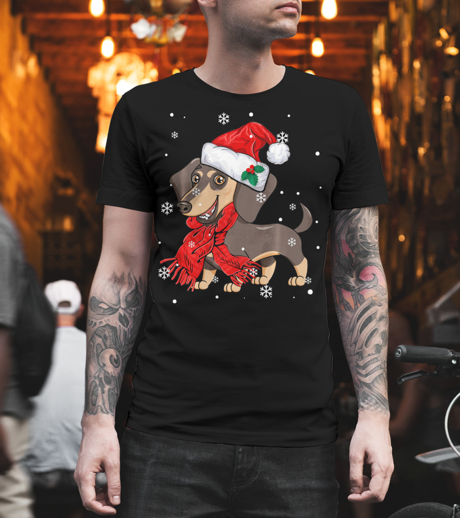 Dachshund Wearing Santa Hat And Red Scarf with Snowflakes T-Shirt