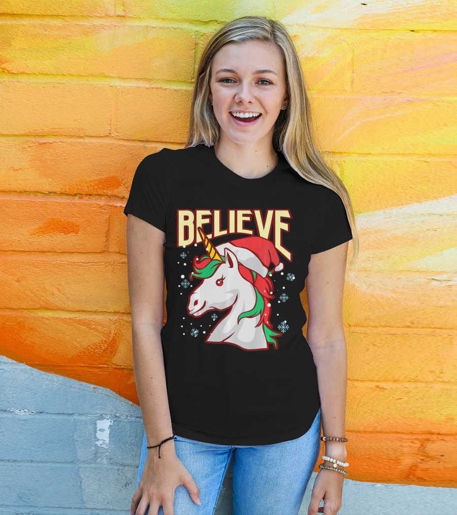 Believe The Unicorn Santa Hat Snowflakes T-Shirt