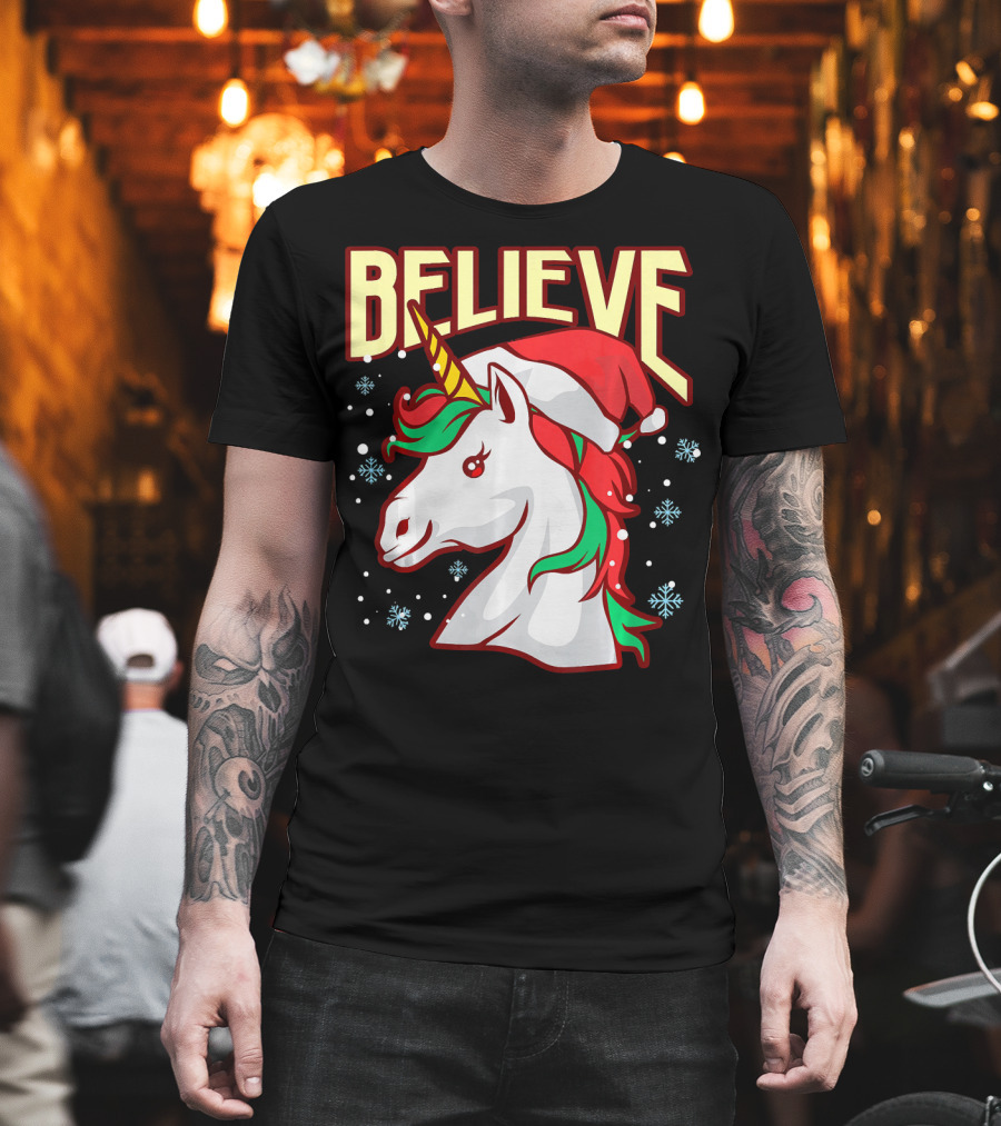 Believe The Unicorn Santa Hat Snowflakes T-Shirt