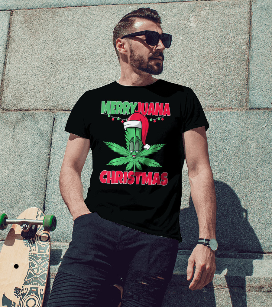 Merryjuana Christmas Funny Santa Hat Marijuana Leaf T-Shirt